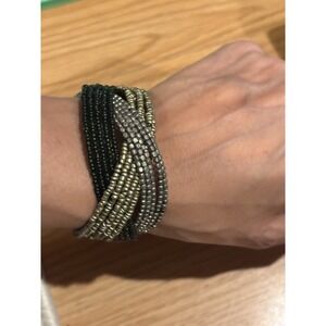Boho Black Silver Color Beaded Bead Flex Cuff Bracelet Adjustable